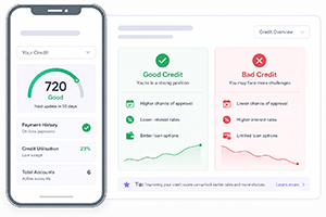 Credit score dashboard comparing good credit and bad credit loan options
