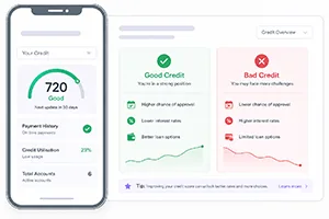 Credit score dashboard comparing good credit and bad credit loan options