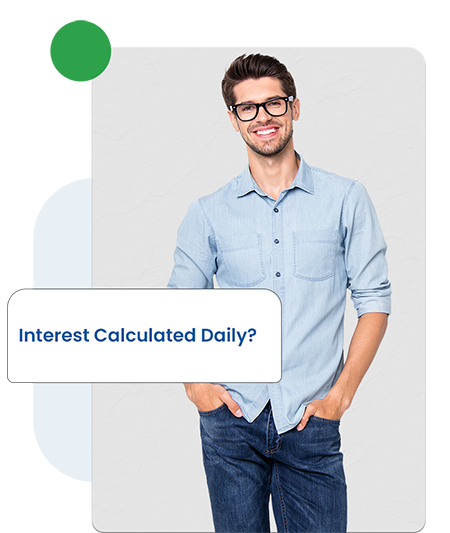 Man beside loan information card about daily interest calculation