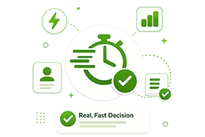 Fast loan decision illustration with stopwatch, check marks and application icons