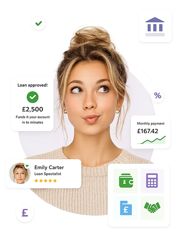 Woman with personal loan approval graphics showing £2,500 funding and monthly payment example